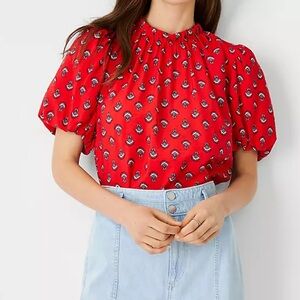 Ann Taylor Floral Puff Sleeve Tie Back Paisley Print Red Blouse Pleated petite S